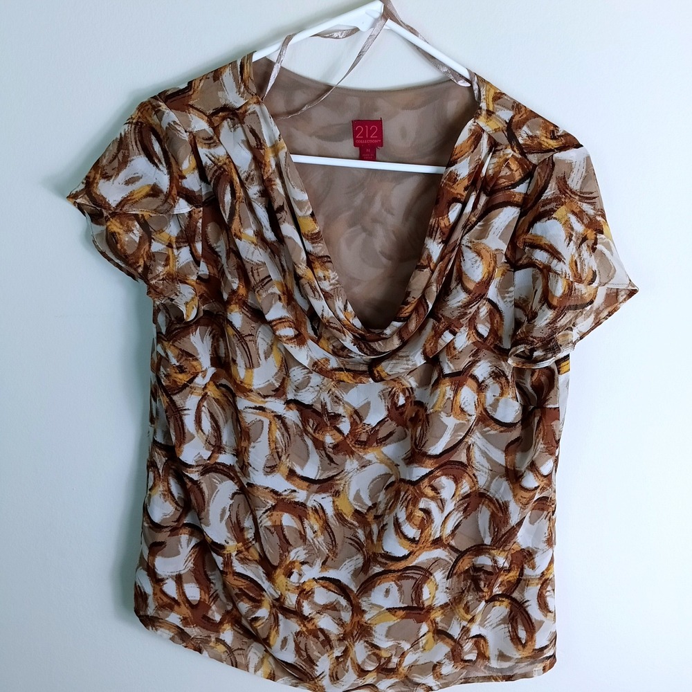 212 Collection Blouse Womens Medium Brown Cowl Neck Abstract Chiffon Excellent